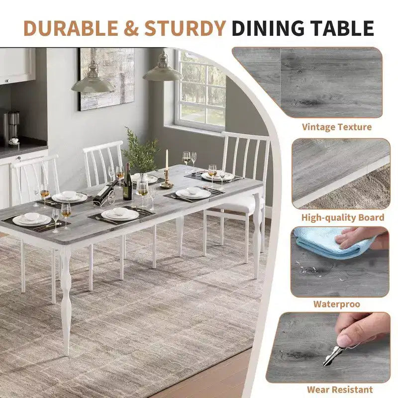 Table de salle à manger rectangulaire pour 6 personnes, table de cuisine rustique de 180 cm avec grand plateau