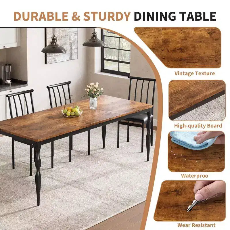 Table de salle à manger rectangulaire pour 6 personnes, table de cuisine rustique de 180 cm avec grand plateau
