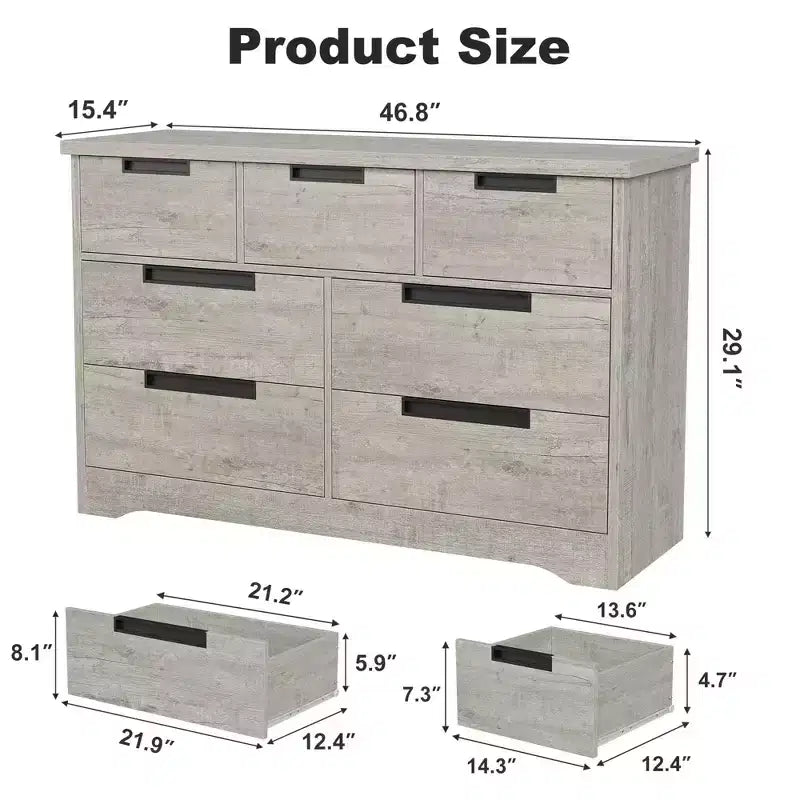 Commode à 7 tiroirs pour chambre à coucher, commode en bois de 118,9 cm de large avec poignées encastrées, organisateur de rangement pour vêtements, meuble TV pour couloir
