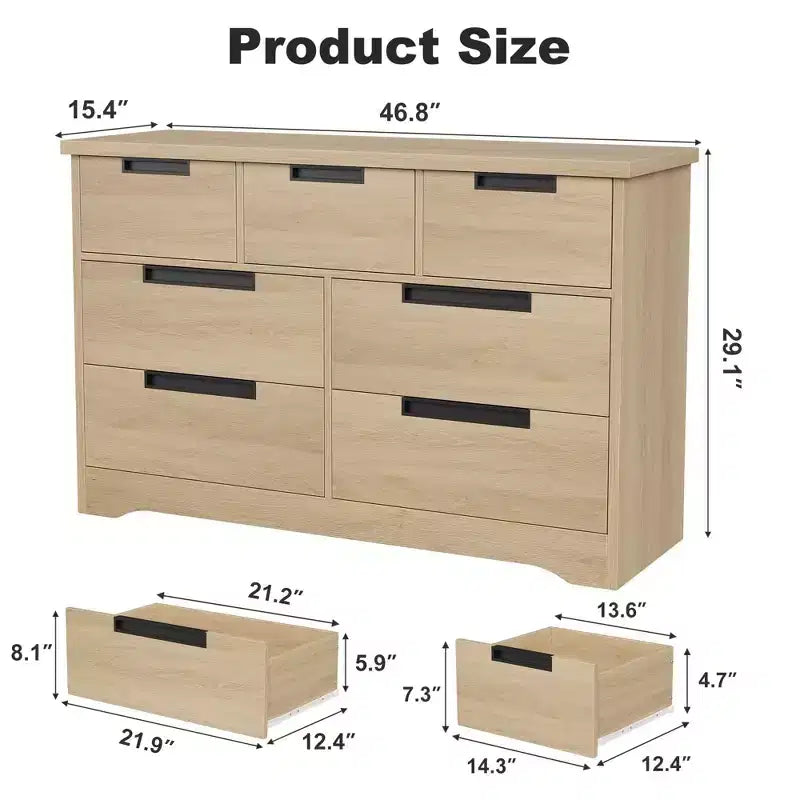 Commode à 7 tiroirs pour chambre à coucher, commode en bois de 118,9 cm de large avec poignées encastrées, organisateur de rangement pour vêtements, meuble TV pour couloir