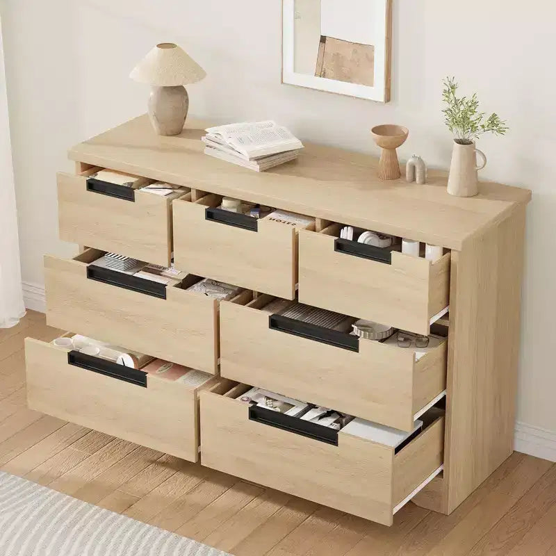 Commode à 7 tiroirs pour chambre à coucher, commode en bois de 118,9 cm de large avec poignées encastrées, organisateur de rangement pour vêtements, meuble TV pour couloir