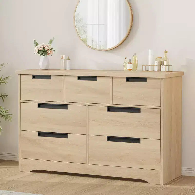 Commode à 7 tiroirs pour chambre à coucher, commode en bois de 118,9 cm de large avec poignées encastrées, organisateur de rangement pour vêtements, meuble TV pour couloir