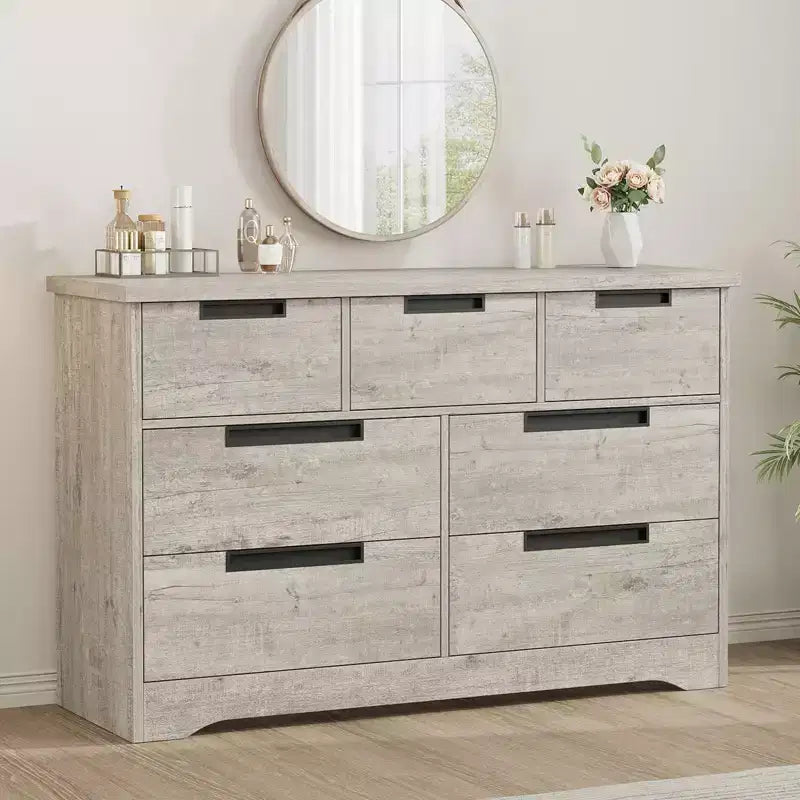 Commode à 7 tiroirs pour chambre à coucher, commode en bois de 118,9 cm de large avec poignées encastrées, organisateur de rangement pour vêtements, meuble TV pour couloir