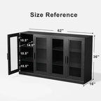 PexFix Grand buffet en chêne de 157,5 cm de long x 91,4 cm de haut avec 4 portes en verre, 2 étagères réglables pour cuisine, salon/salle à manger, chambre, entrée, noir