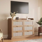 Commode à 6 tiroirs pour chambre à coucher, commode en rotin de 120 cm de large avec poignées en métal, organisateur de rangement en bois, meuble TV de couloir