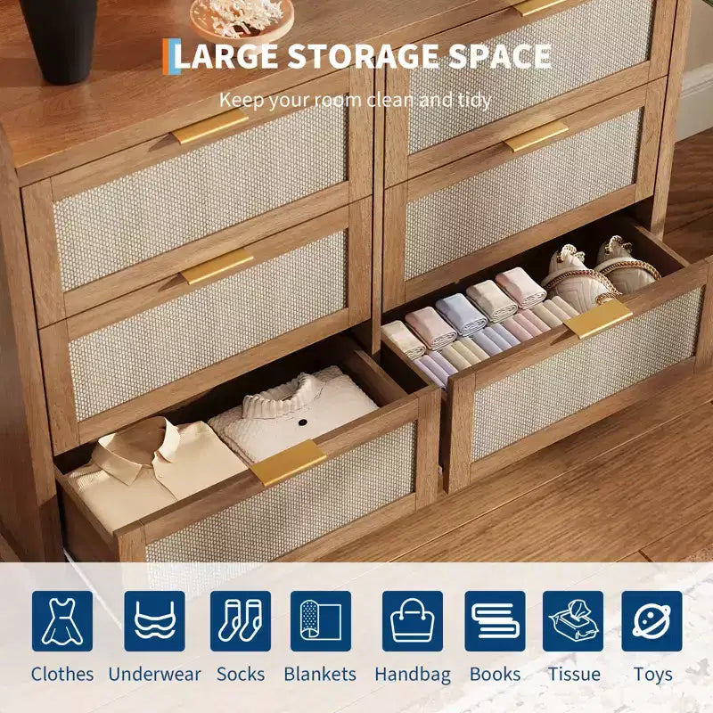 Commode à 6 tiroirs pour chambre à coucher, commode en rotin de 120 cm de large avec poignées en métal, organisateur de rangement en bois, meuble TV de couloir