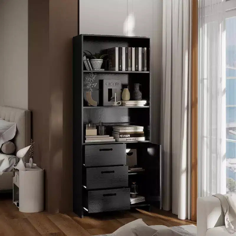 Étagère à 6 niveaux Acekool avec porte et 3 tiroirs, bibliothèque haute de 180 cm, 3 étagères ouvertes, armoire de rangement, pour bureau à domicile ou chambre à coucher
