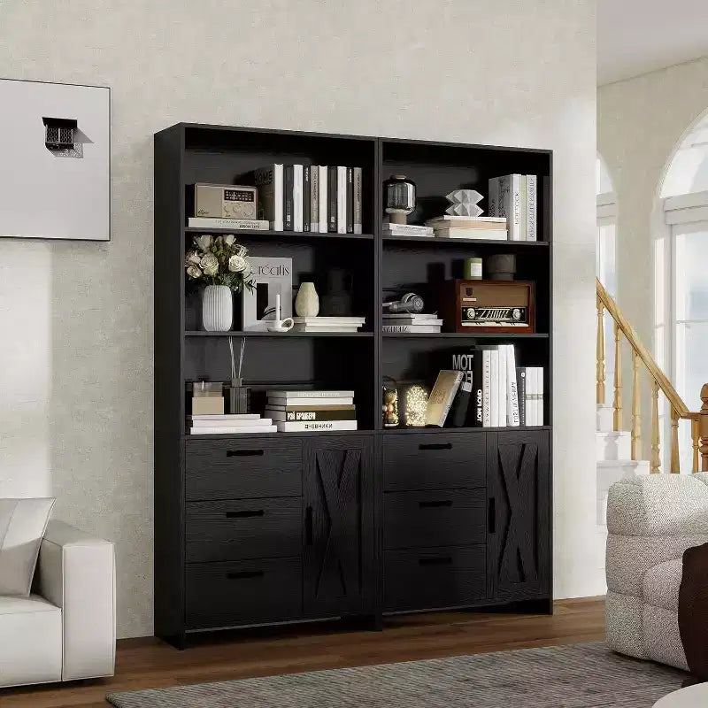 Étagère à 6 niveaux Acekool avec porte et 3 tiroirs, bibliothèque haute de 180 cm, 3 étagères ouvertes, armoire de rangement, pour bureau à domicile ou chambre à coucher