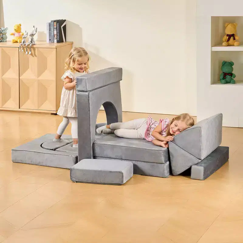 Canapé de jeu modulaire VEVOR pour enfants, canapé-lit sectionnel pour tout-petits avec accoudoirs, éponge 28D et poil court, canapé modulaire convertible pour enfants, 14 pièces, gris