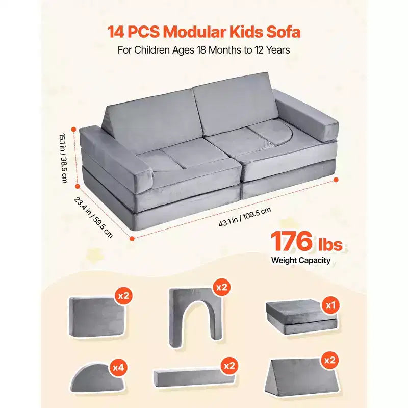 Canapé de jeu modulaire VEVOR pour enfants, canapé-lit sectionnel pour tout-petits avec accoudoirs, éponge 28D et poil court, canapé modulaire convertible pour enfants, 14 pièces, gris