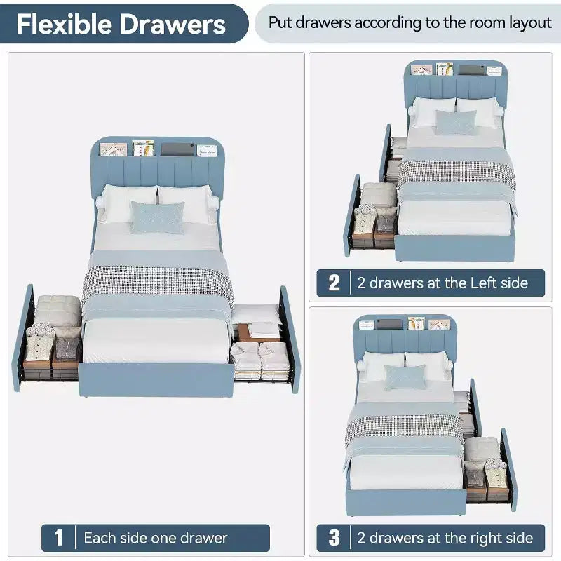 Cadre de lit double/double XL COZONY avec tiroirs de rangement