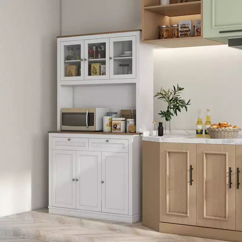 Okak 71in – Meuble de rangement moderne pour garde-manger, armoire haute sur pied avec huche, 2 tiroirs et 5 portes, meuble de rangement pour cuisine, blanc
