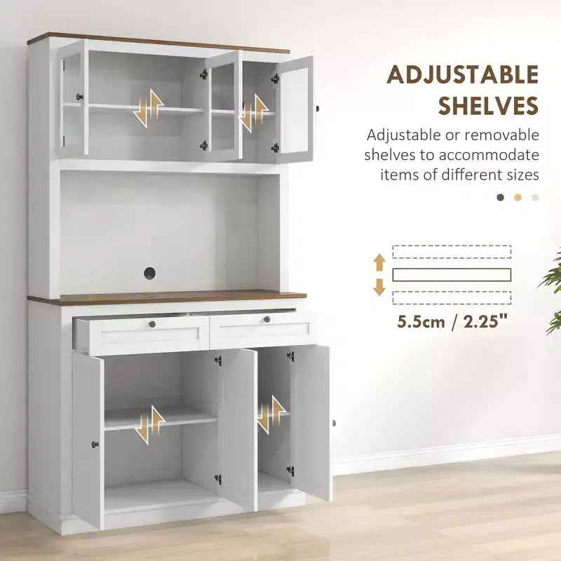 Okak 71in – Meuble de rangement moderne pour garde-manger, armoire haute sur pied avec huche, 2 tiroirs et 5 portes, meuble de rangement pour cuisine, blanc