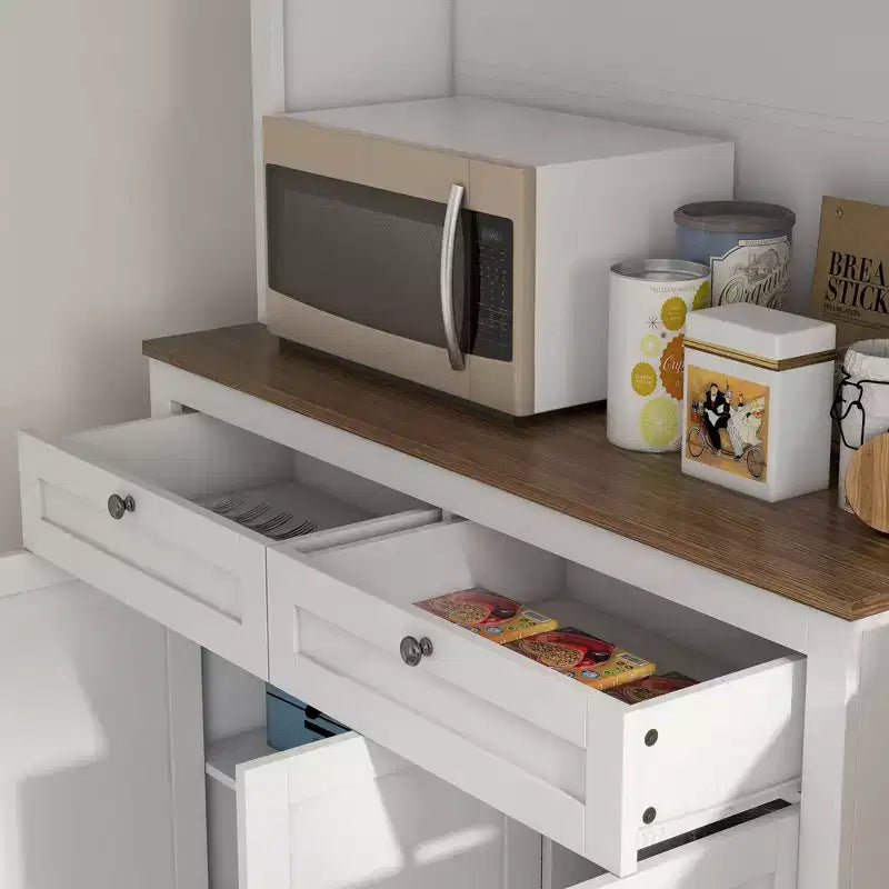 Okak 71in – Meuble de rangement moderne pour garde-manger, armoire haute sur pied avec huche, 2 tiroirs et 5 portes, meuble de rangement pour cuisine, blanc