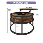 Table basse ronde relevable avec rangement et compartiment caché, petite table centrale de ferme en bois