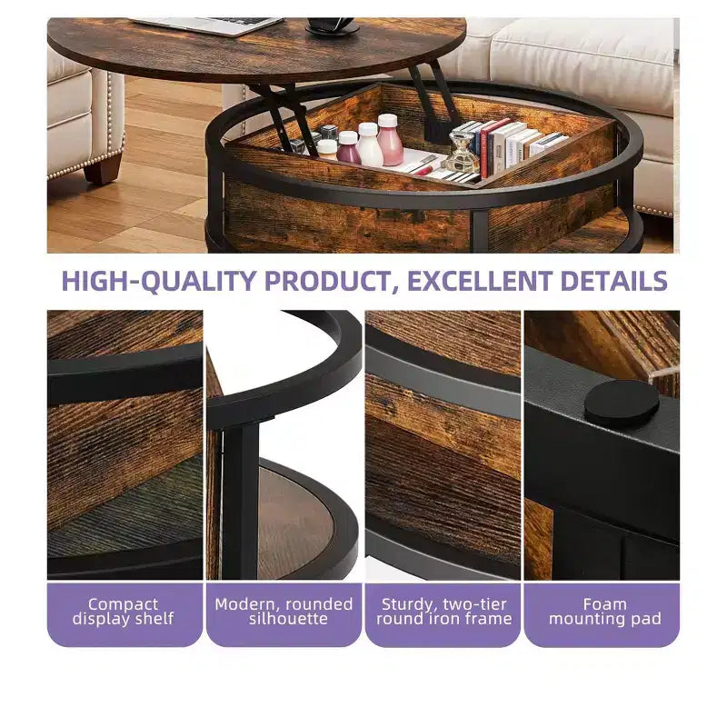 Table basse ronde relevable avec rangement et compartiment caché, petite table centrale de ferme en bois