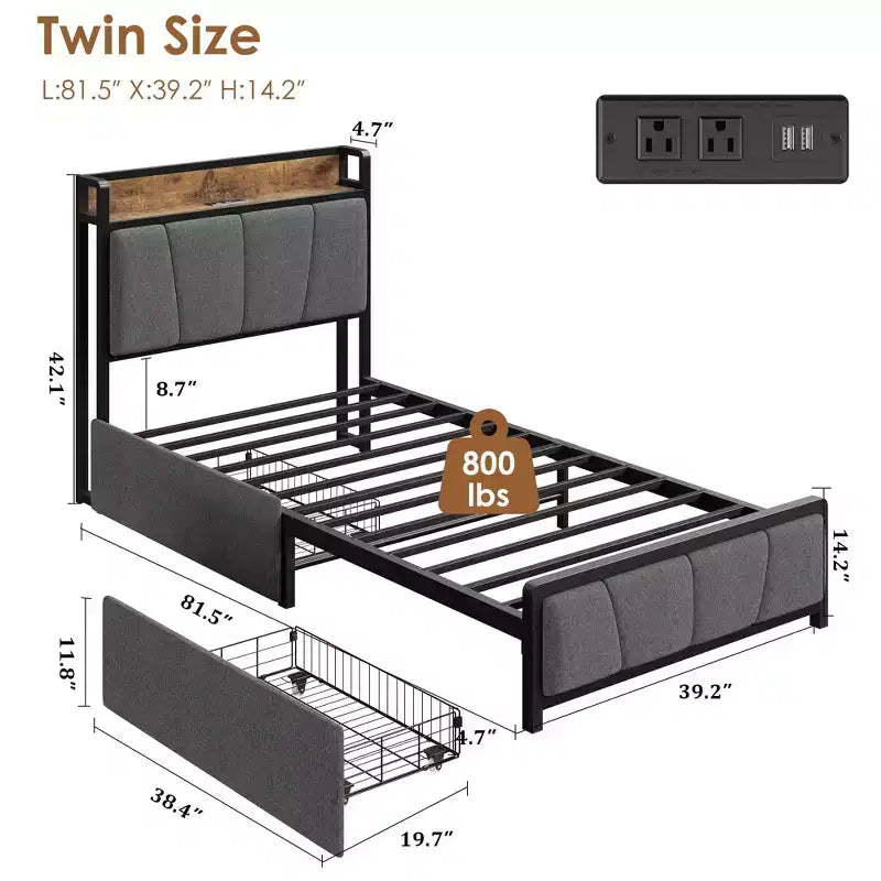 Cadre de lit Coolmee avec 2 tiroirs de rangement et station de charge, lit plateforme tapissé de lin rustique avec tête de lit de rangement, robuste