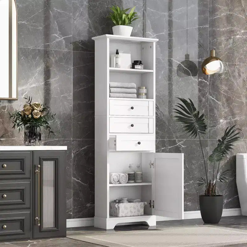 Meuble de salle de bain autoportant Okak avec 3 tiroirs, meuble de rangement haut, meuble de sol de salle de bain avec étagères réglables pour salon/bureau, blanc