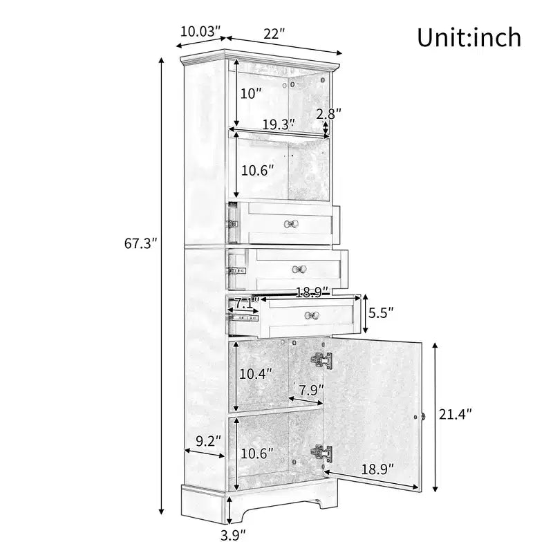Meuble de salle de bain autoportant Okak avec 3 tiroirs, meuble de rangement haut, meuble de sol de salle de bain avec étagères réglables pour salon/bureau, blanc