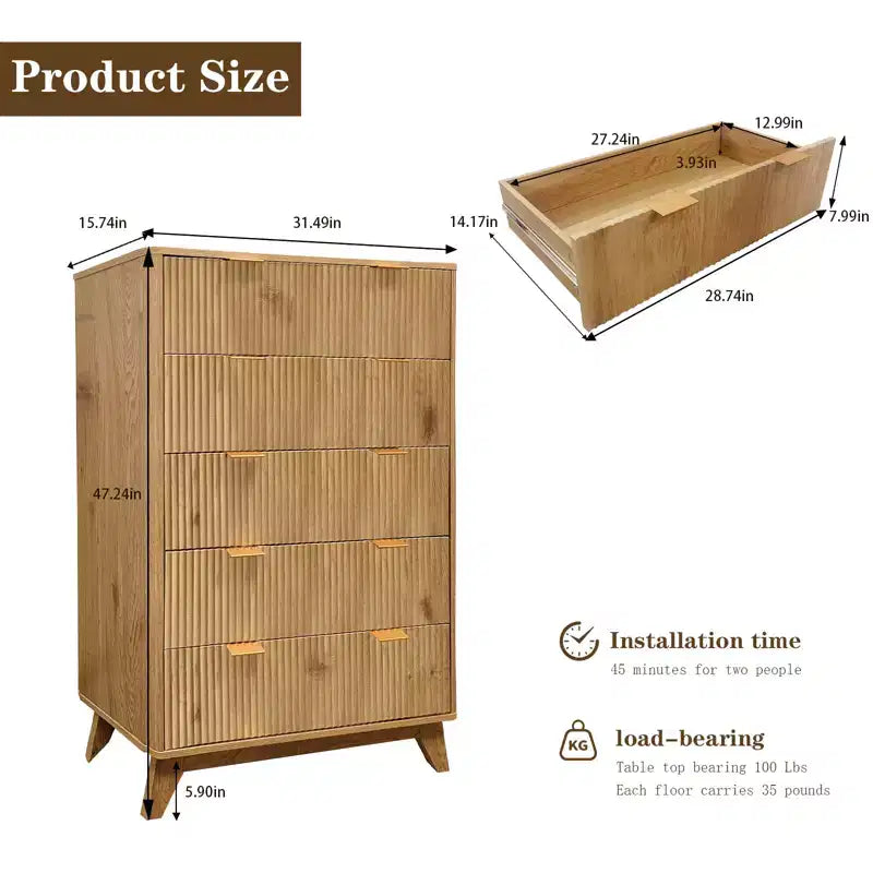 COZONY Commode haute à 5 tiroirs en bois cannelé ondulé, tiroirs de rangement modernes pour salon, chambre d'enfant, crèche