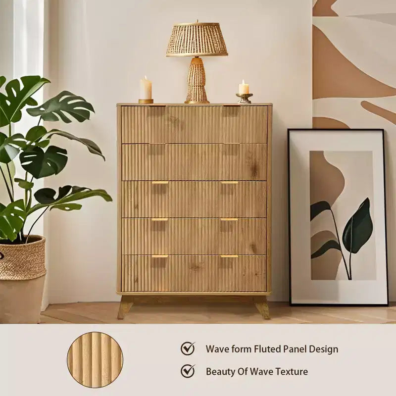 COZONY Commode haute à 5 tiroirs en bois cannelé ondulé, tiroirs de rangement modernes pour salon, chambre d'enfant, crèche