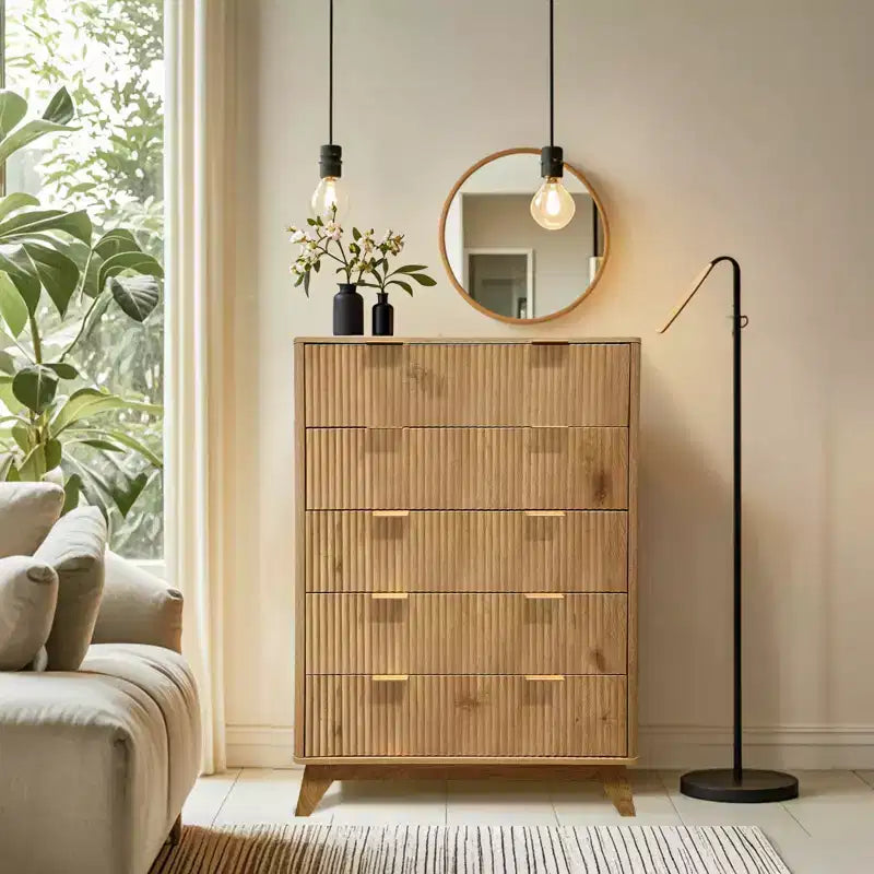 COZONY Commode haute à 5 tiroirs en bois cannelé ondulé, tiroirs de rangement modernes pour salon, chambre d'enfant, crèche