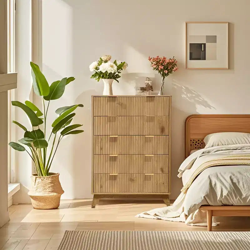 COZONY Commode haute à 5 tiroirs en bois cannelé ondulé, tiroirs de rangement modernes pour salon, chambre d'enfant, crèche