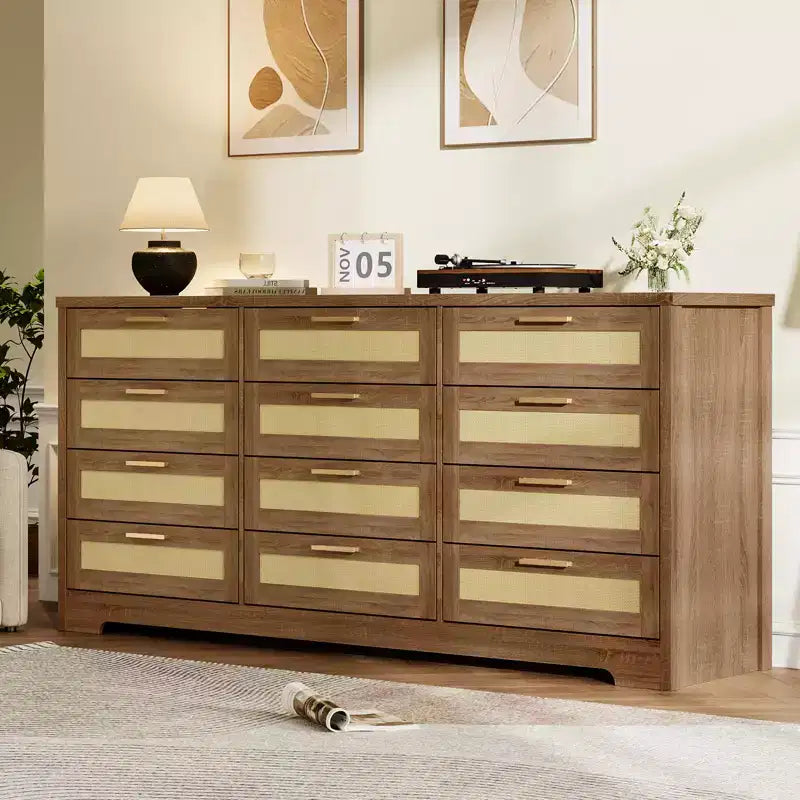 Commode à 12 tiroirs pour chambre, commode moderne en rotin, meuble de rangement en bois avec tiroirs et poignées, pour chambre d'enfant, entrée, salon