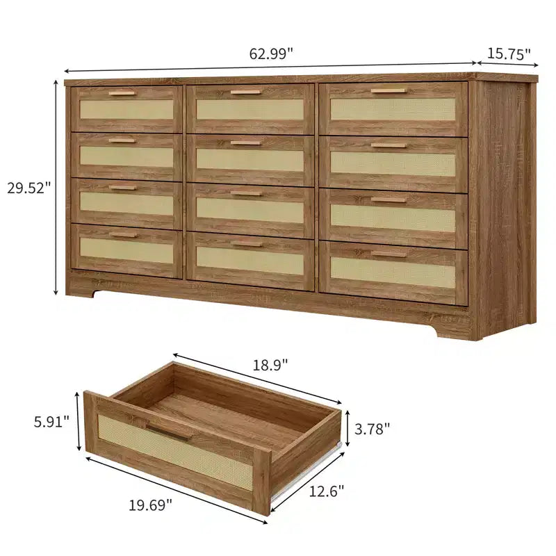 Commode à 12 tiroirs pour chambre, commode moderne en rotin, meuble de rangement en bois avec tiroirs et poignées, pour chambre d'enfant, entrée, salon
