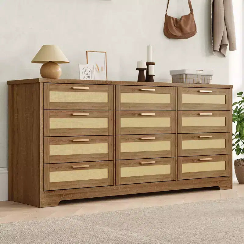 Commode à 12 tiroirs pour chambre, commode moderne en rotin, meuble de rangement en bois avec tiroirs et poignées, pour chambre d'enfant, entrée, salon