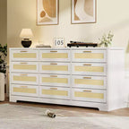 Commode à 12 tiroirs pour chambre, commode moderne en rotin, meuble de rangement en bois avec tiroirs et poignées, pour chambre d'enfant, entrée, salon