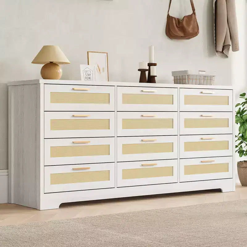 Commode à 12 tiroirs pour chambre, commode moderne en rotin, meuble de rangement en bois avec tiroirs et poignées, pour chambre d'enfant, entrée, salon