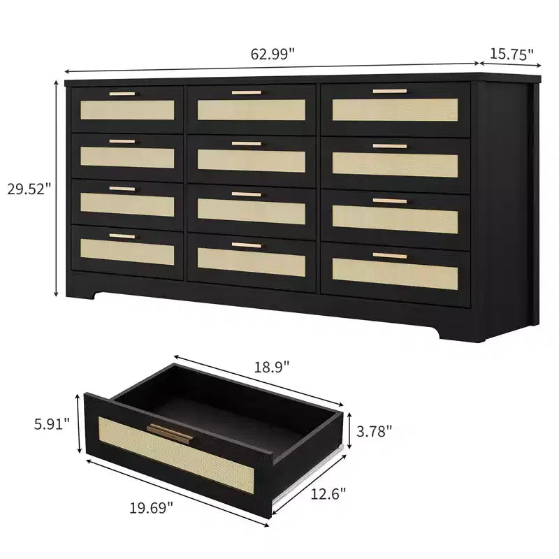 Commode à 12 tiroirs pour chambre, commode moderne en rotin, meuble de rangement en bois avec tiroirs et poignées, pour chambre d'enfant, entrée, salon