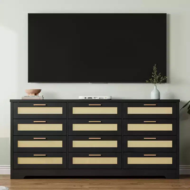 Commode à 12 tiroirs pour chambre, commode moderne en rotin, meuble de rangement en bois avec tiroirs et poignées, pour chambre d'enfant, entrée, salon