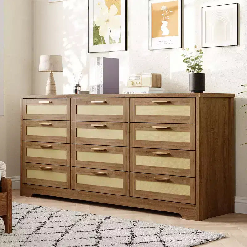 Commode à 12 tiroirs pour chambre, commode moderne en rotin, meuble de rangement en bois avec tiroirs et poignées, pour chambre d'enfant, entrée, salon