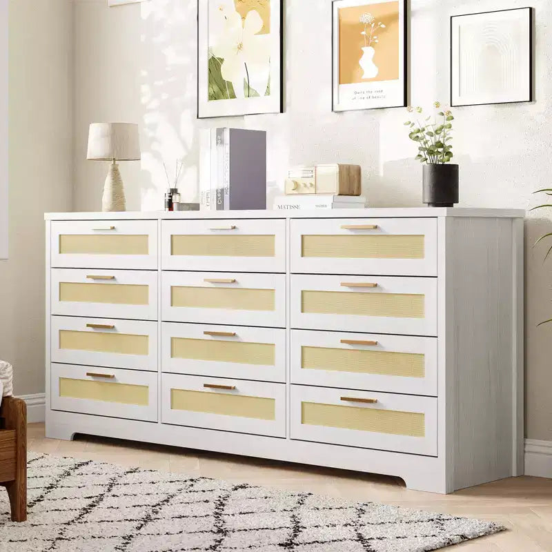 Commode à 12 tiroirs pour chambre, commode moderne en rotin, meuble de rangement en bois avec tiroirs et poignées, pour chambre d'enfant, entrée, salon