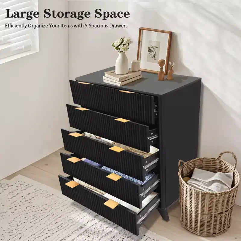 Commode 5 tiroirs pour chambre à coucher, commode en bois à panneaux cannelés Rangement et organisation pour salon, placard, couloir