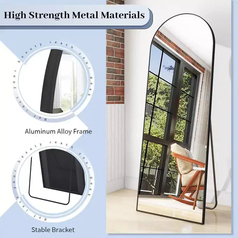 Miroir pleine longueur 64x21, Miroir mural à suspendre ou à poser avec support pour chambre à coucher, dressing, Noir, Dessus cintré