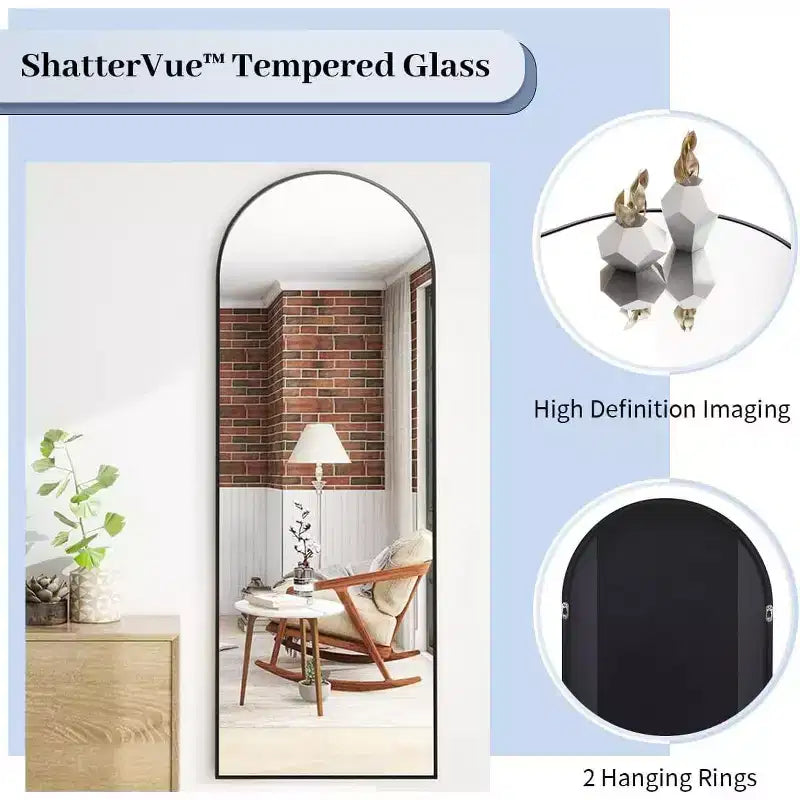 Miroir pleine longueur 64x21, Miroir mural à suspendre ou à poser avec support pour chambre à coucher, dressing, Noir, Dessus cintré