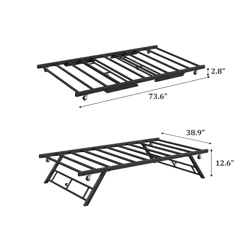 Cadre de lit gigogne double avec roulettes verrouillables, plateforme métallique pliable