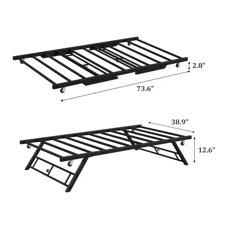 Cadre de lit gigogne double avec roulettes verrouillables, plateforme métallique pliable