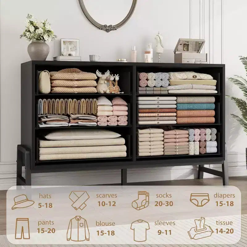 Commode double à 6 tiroirs pour chambre à coucher, tiroir large avec rangement autonome, commode de rangement en bois pour chambre à coucher, couloir et entrée