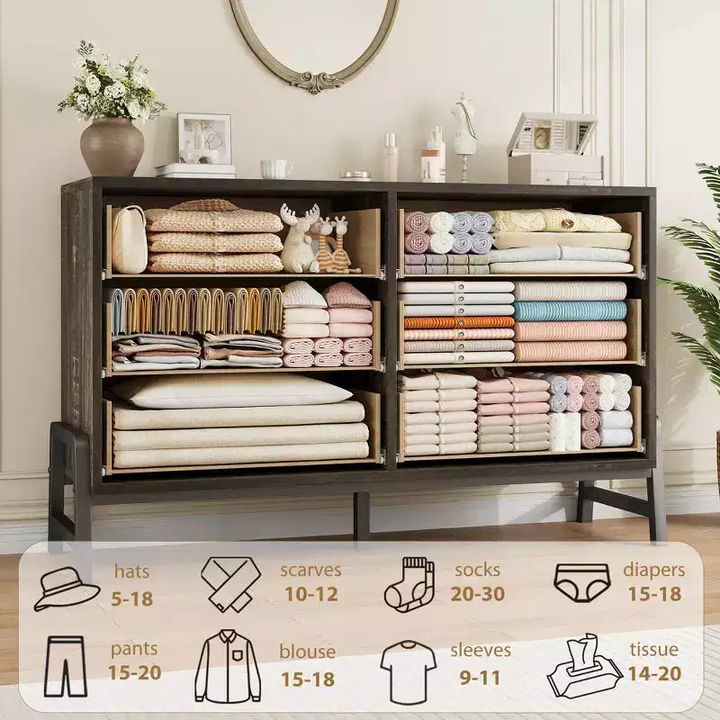 Commode double à 6 tiroirs pour chambre à coucher, tiroir large avec rangement autonome, commode de rangement en bois pour chambre à coucher, couloir et entrée
