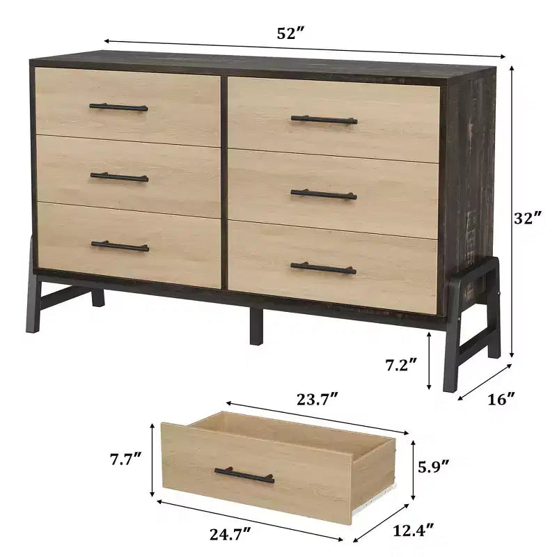 Commode double à 6 tiroirs pour chambre à coucher, tiroir large avec rangement autonome, commode de rangement en bois pour chambre à coucher, couloir et entrée