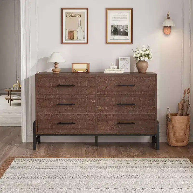 Commode double à 6 tiroirs pour chambre à coucher, tiroir large avec rangement autonome, commode de rangement en bois pour chambre à coucher, couloir et entrée