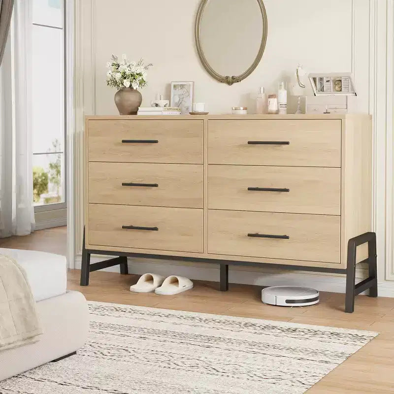 Commode double à 6 tiroirs pour chambre à coucher, tiroir large avec rangement autonome, commode de rangement en bois pour chambre à coucher, couloir et entrée