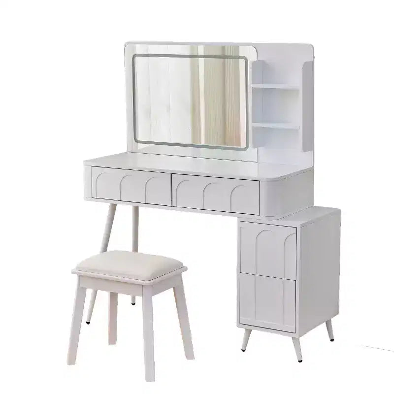 Coiffeuse Homy Casa avec miroir LED, tiroirs de rangement et étagère, tabouret pour chambre ou dressing, Blanc