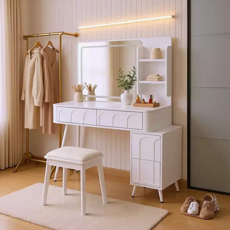 Coiffeuse Homy Casa avec miroir LED, tiroirs de rangement et étagère, tabouret pour chambre ou dressing, Blanc