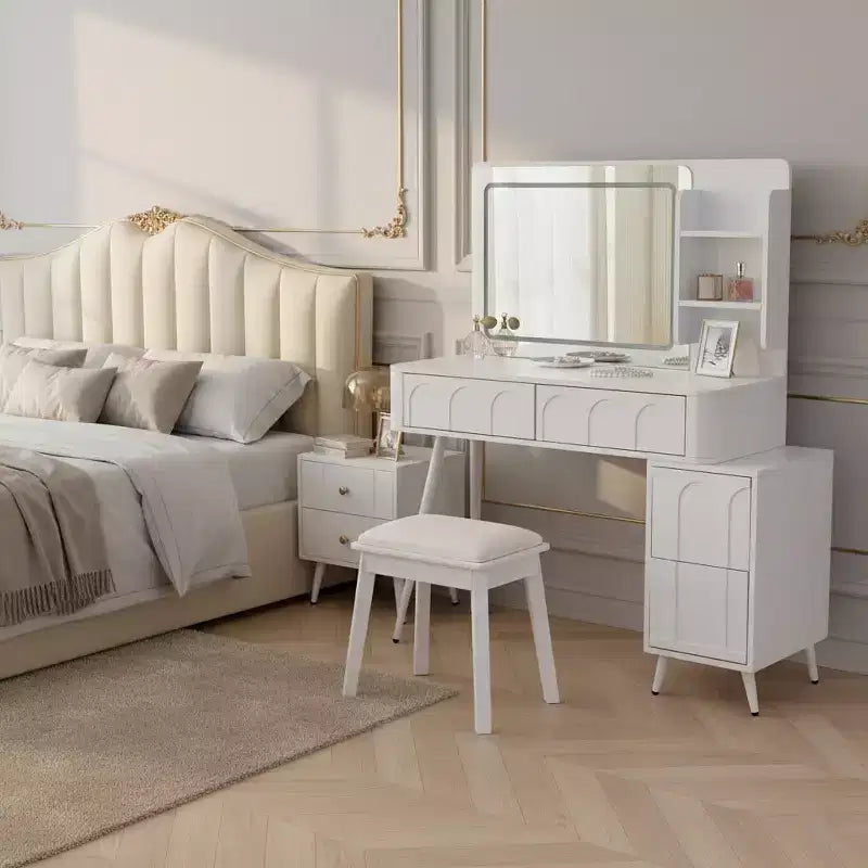 Coiffeuse Homy Casa avec miroir LED, tiroirs de rangement et étagère, tabouret pour chambre ou dressing, Blanc