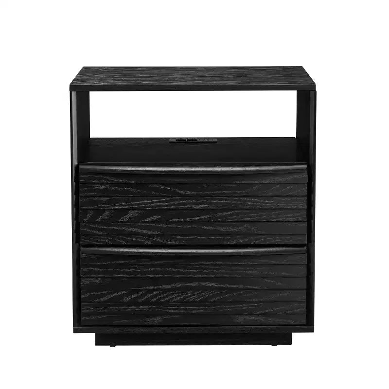 Table de Chevet Mid-Century Moderne avec Station de Recharge, Trou de Prise, 2 Tiroirs en Bois Massif, Étagère Ouverte, Table d'Appoint pour Salon ou Dortoir